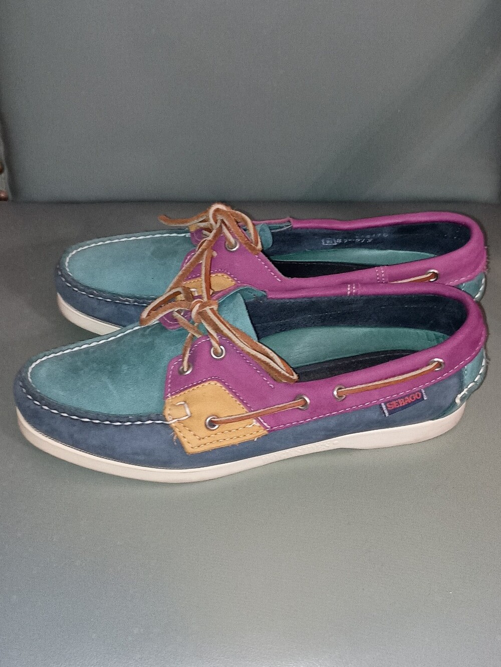 Sebago Dockside  Women's Multi-Color Leather Boat Shoes - Teal/Purple Size 8